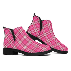 Pink And White Tartan Pattern Print Flat Ankle Boots