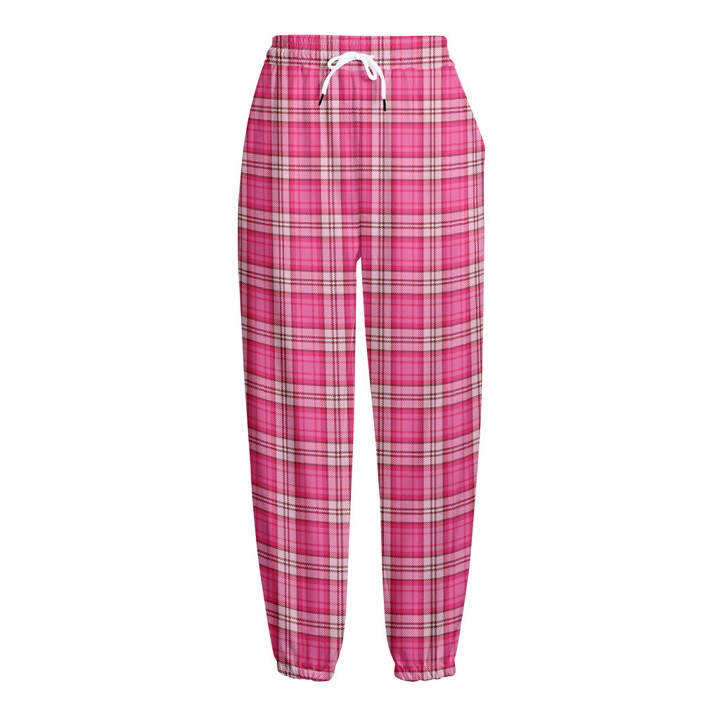 Pink And White Tartan Pattern Print Fleece Lined Knit Pants