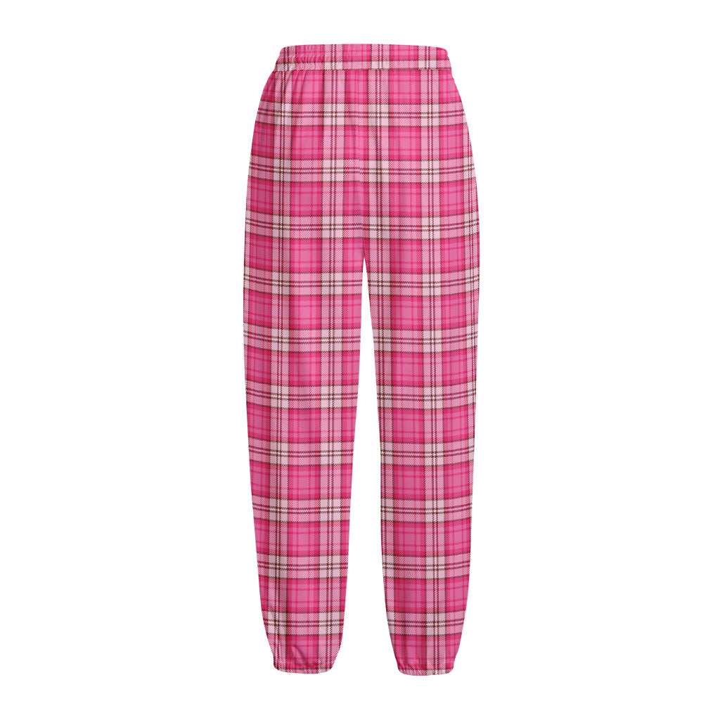 Pink And White Tartan Pattern Print Fleece Lined Knit Pants