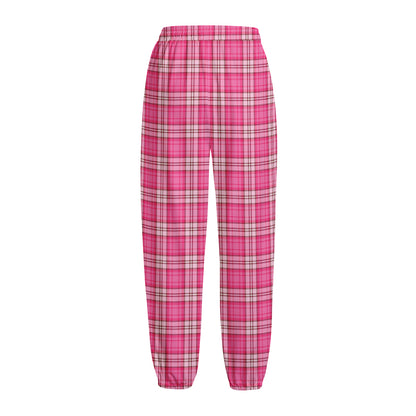 Pink And White Tartan Pattern Print Fleece Lined Knit Pants