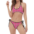 Pink And White Tartan Pattern Print Halter Scoop Tie Side Bikini