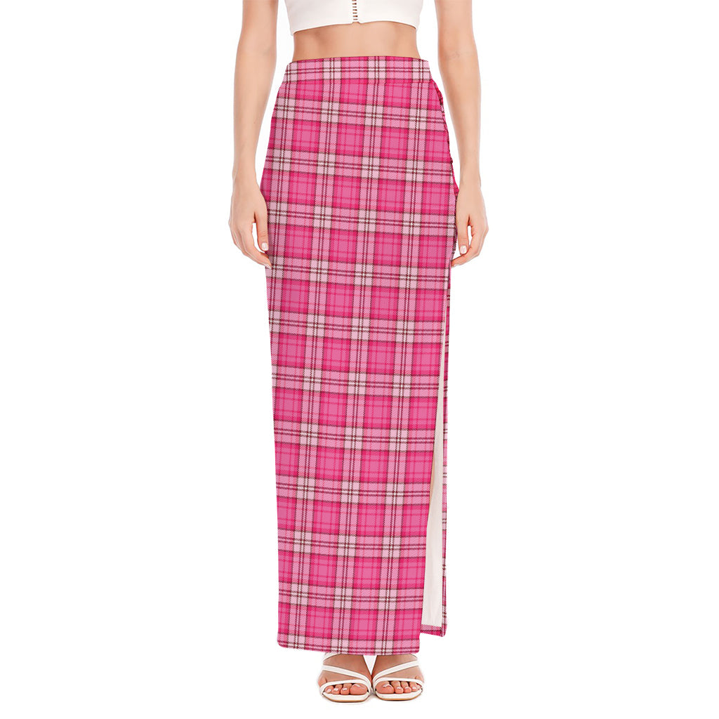 Pink And White Tartan Pattern Print High Slit Maxi Skirt