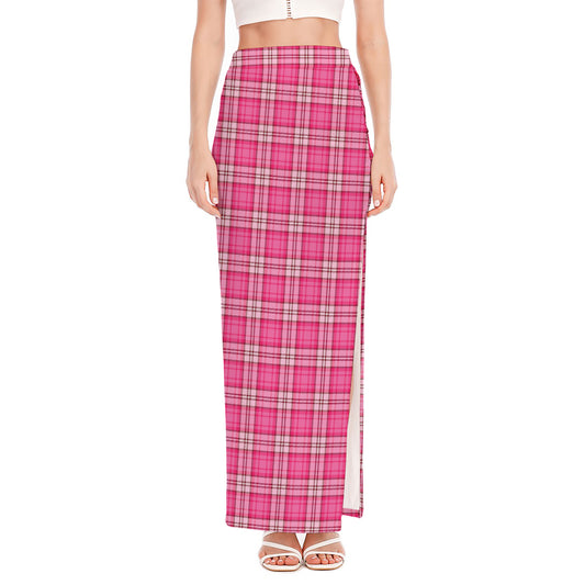 Pink And White Tartan Pattern Print High Slit Maxi Skirt