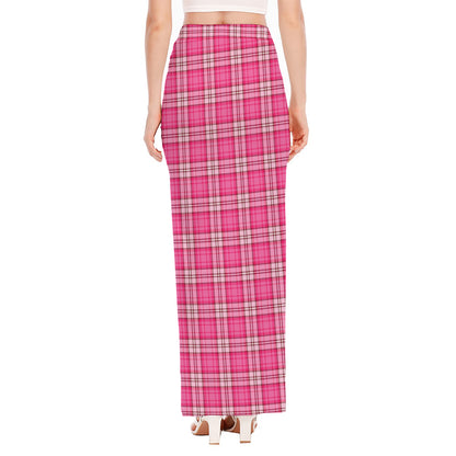 Pink And White Tartan Pattern Print High Slit Maxi Skirt