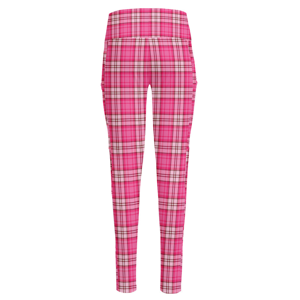 Pink And White Tartan Pattern Print High-Waisted Pocket Leggings
