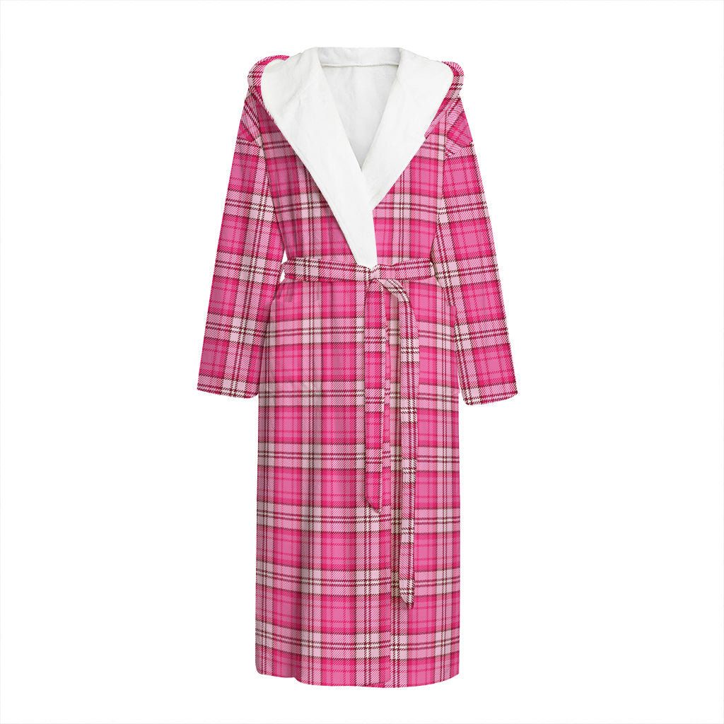 Pink And White Tartan Pattern Print Hooded Bathrobe