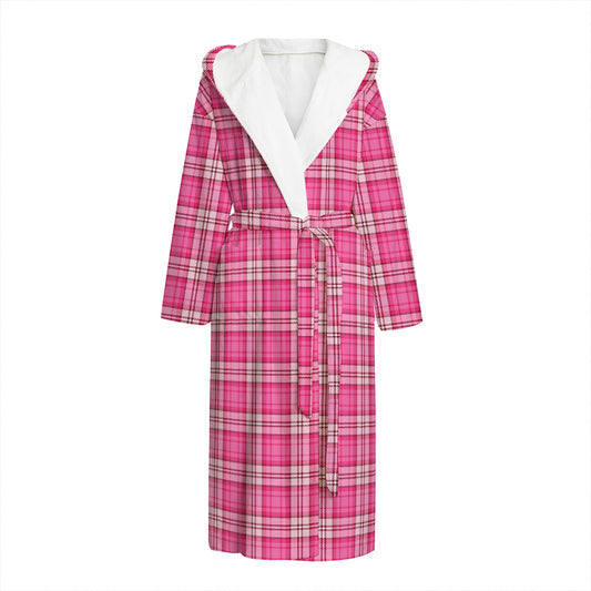 Pink And White Tartan Pattern Print Hooded Bathrobe