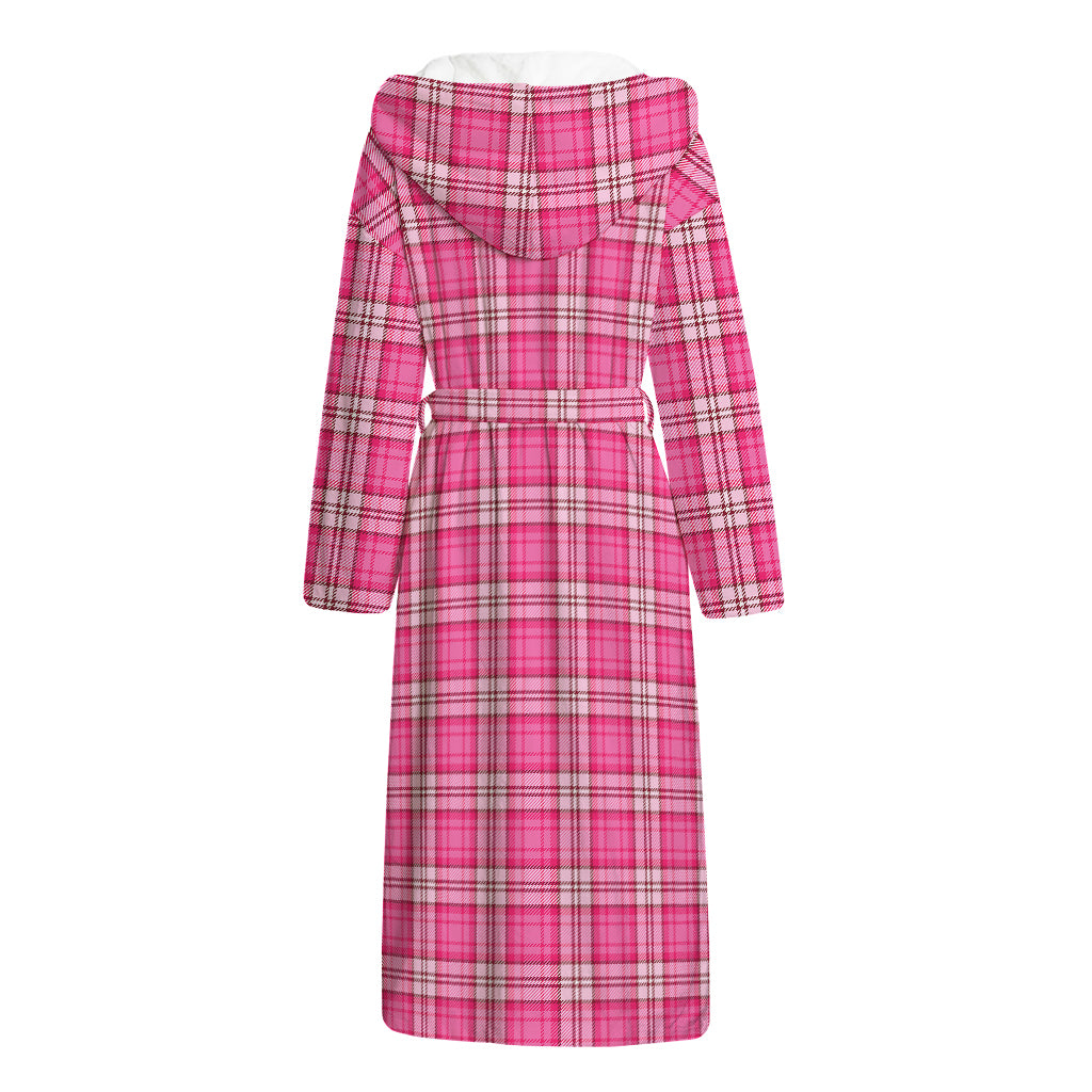 Pink And White Tartan Pattern Print Hooded Bathrobe