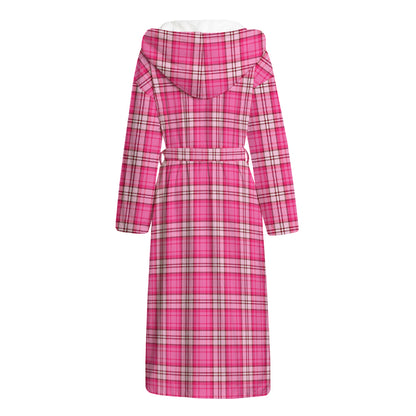 Pink And White Tartan Pattern Print Hooded Bathrobe