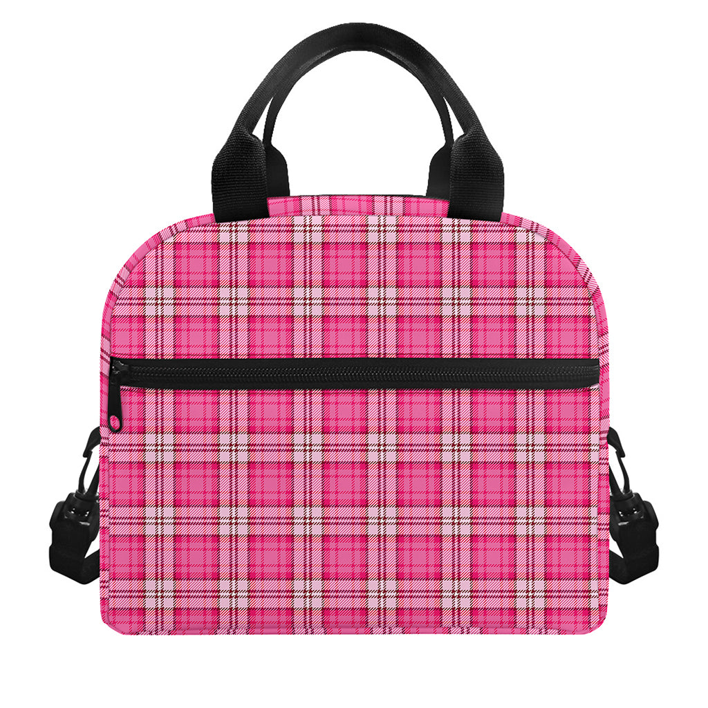 Pink And White Tartan Pattern Print Insulated Lunch Bag