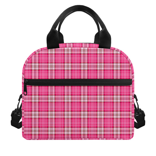 Pink And White Tartan Pattern Print Insulated Lunch Bag