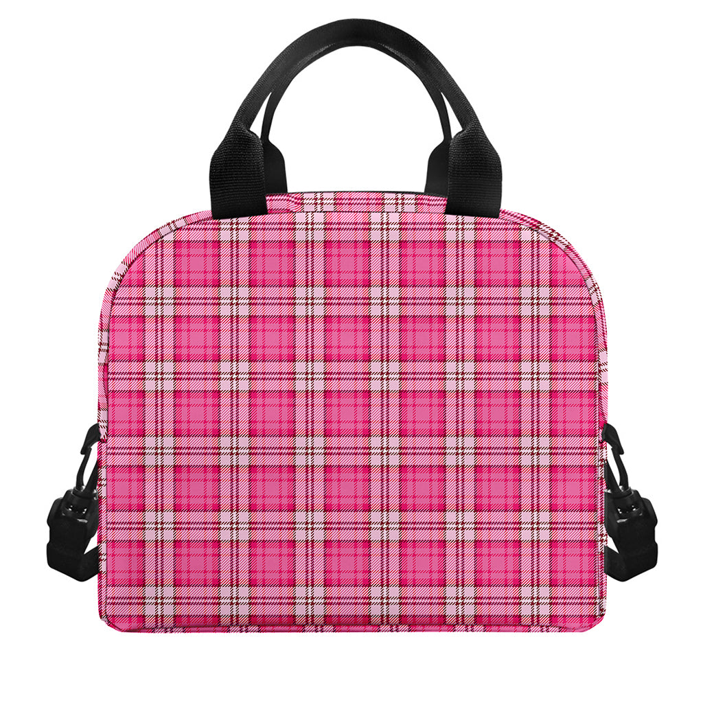 Pink And White Tartan Pattern Print Insulated Lunch Bag