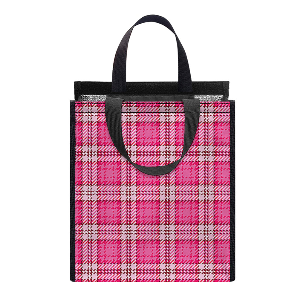Pink And White Tartan Pattern Print Insulated Lunch Tote