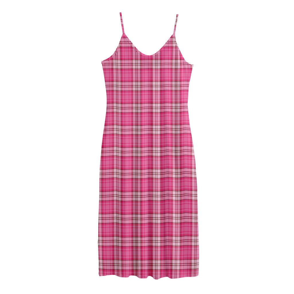 Pink And White Tartan Pattern Print Jersey Midi Cami Dress