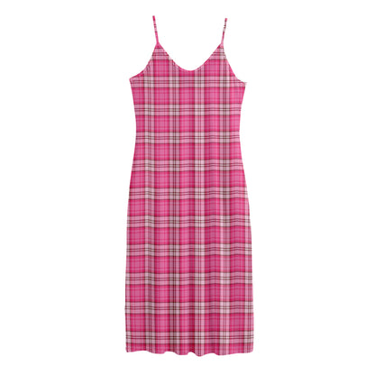 Pink And White Tartan Pattern Print Jersey Midi Cami Dress