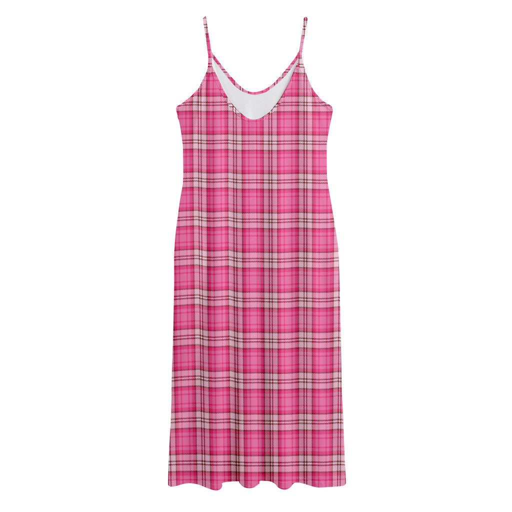 Pink And White Tartan Pattern Print Jersey Midi Cami Dress