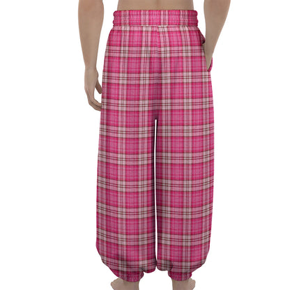 Pink And White Tartan Pattern Print Lantern Pants