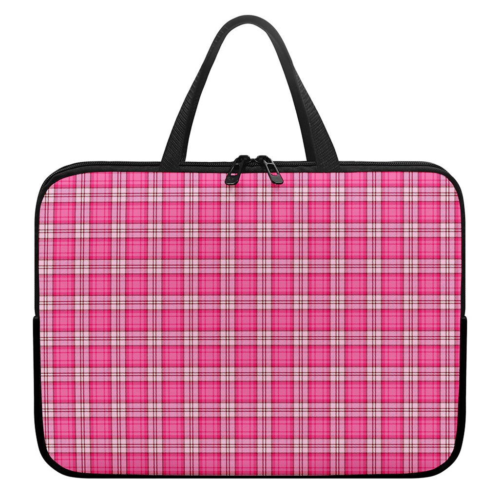 Pink And White Tartan Pattern Print Laptop Sleeve With Handle