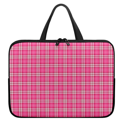 Pink And White Tartan Pattern Print Laptop Sleeve With Handle