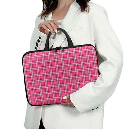 Pink And White Tartan Pattern Print Laptop Sleeve With Handle
