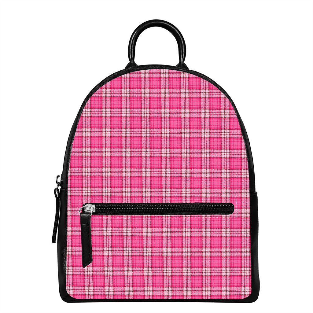 Pink And White Tartan Pattern Print Leather Backpack