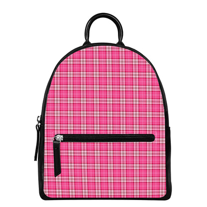 Pink And White Tartan Pattern Print Leather Backpack