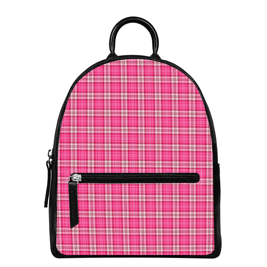 Pink And White Tartan Pattern Print Leather Backpack