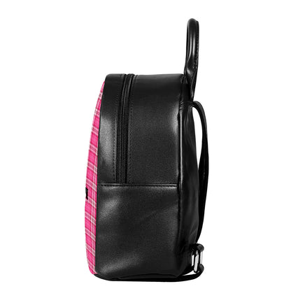 Pink And White Tartan Pattern Print Leather Backpack