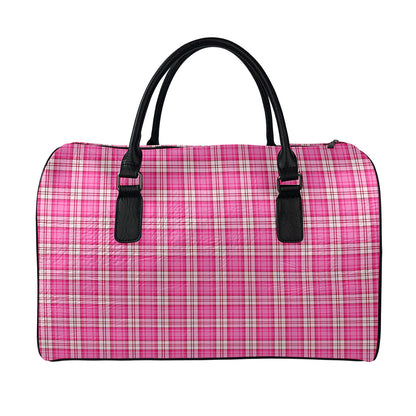 Pink And White Tartan Pattern Print Leather Duffle Bag