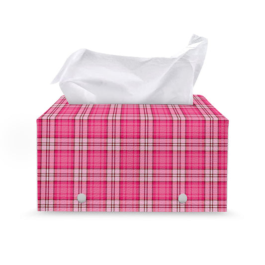 Pink And White Tartan Pattern Print Leather Tissue Box Cover