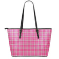 Pink And White Tartan Pattern Print Leather Tote Bag With Zipper