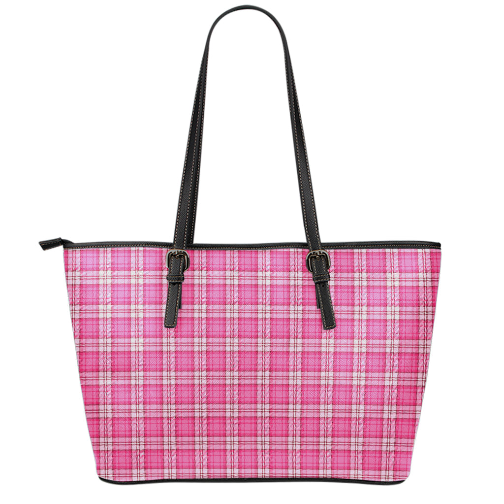 Pink And White Tartan Pattern Print Leather Tote Bag