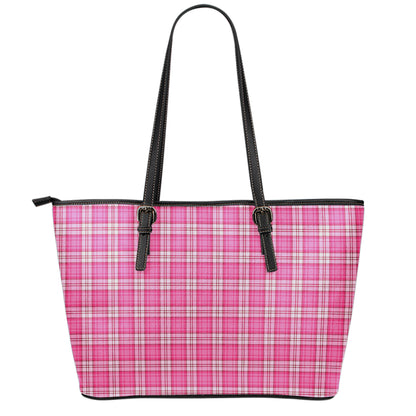Pink And White Tartan Pattern Print Leather Tote Bag