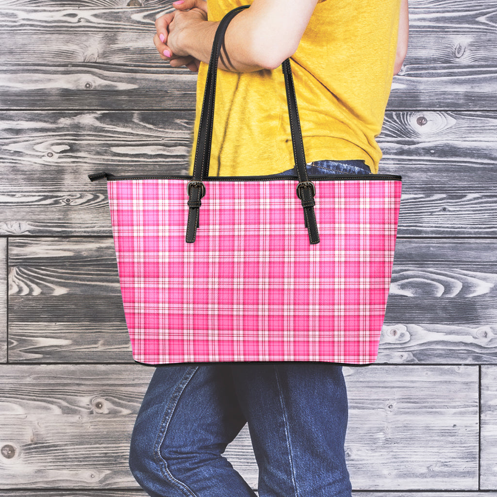 Pink And White Tartan Pattern Print Leather Tote Bag
