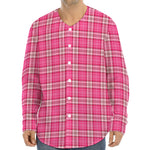 Pink And White Tartan Pattern Print Long Sleeve Baseball Jersey