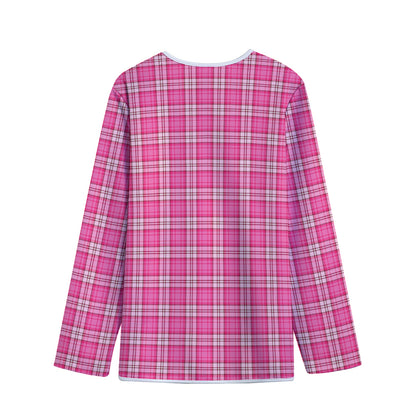 Pink And White Tartan Pattern Print Long Sleeve Short Coat