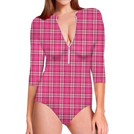 Pink And White Tartan Pattern Print Long Sleeve Swimsuit
