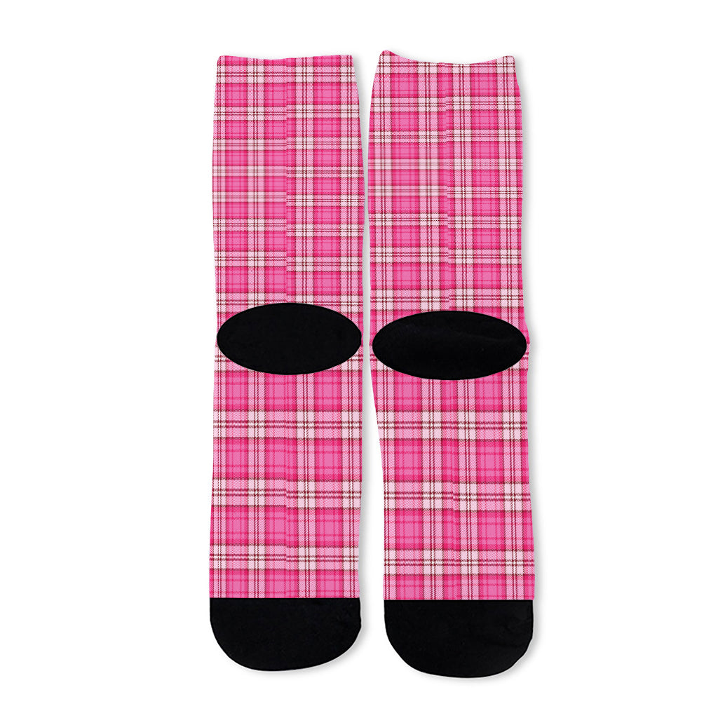 Pink And White Tartan Pattern Print Long Socks