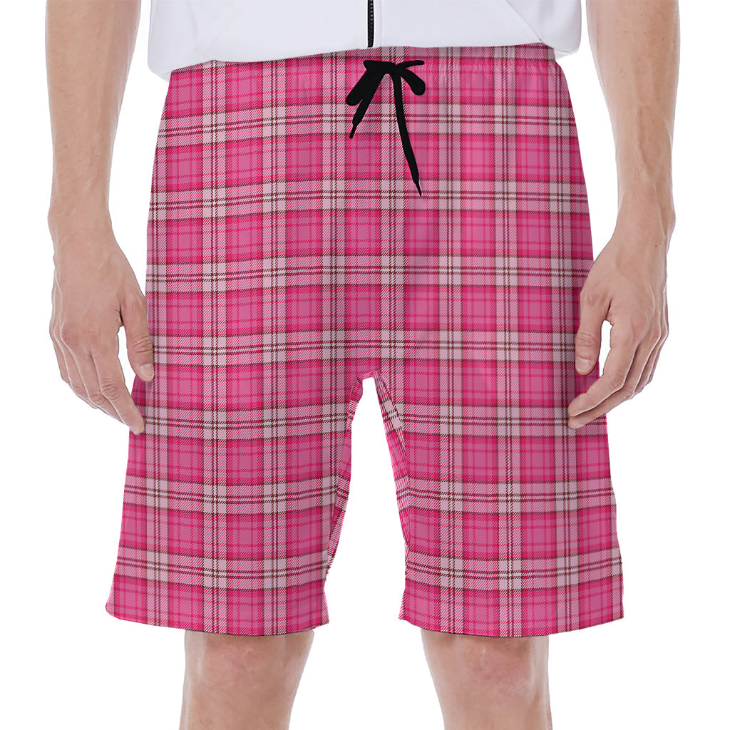 Pink And White Tartan Pattern Print Men's Beach Shorts