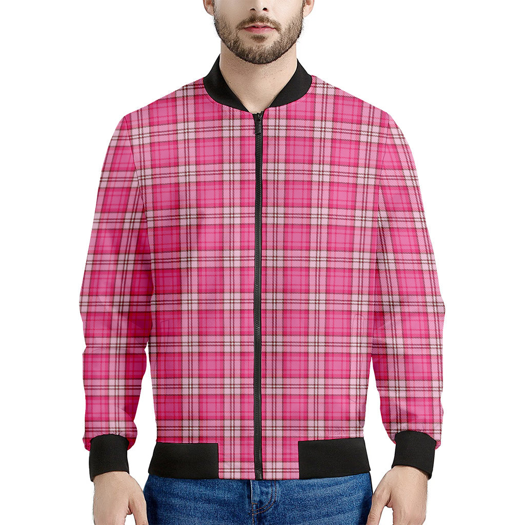 Pink And White Tartan Pattern Print Men's Bomber Jacket