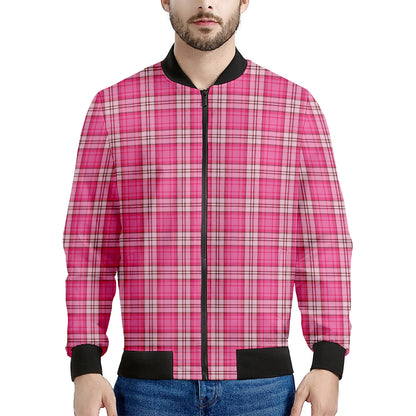 Pink And White Tartan Pattern Print Men's Bomber Jacket