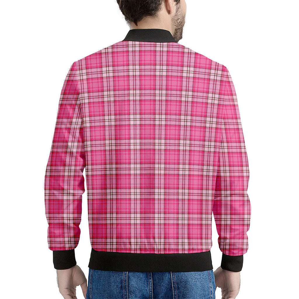 Pink And White Tartan Pattern Print Men's Bomber Jacket