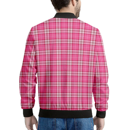 Pink And White Tartan Pattern Print Men's Bomber Jacket