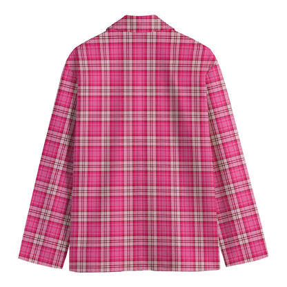 Pink And White Tartan Pattern Print Men's Cotton Blazer