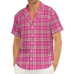 Pink And White Tartan Pattern Print Men's Deep V-Neck Shirt