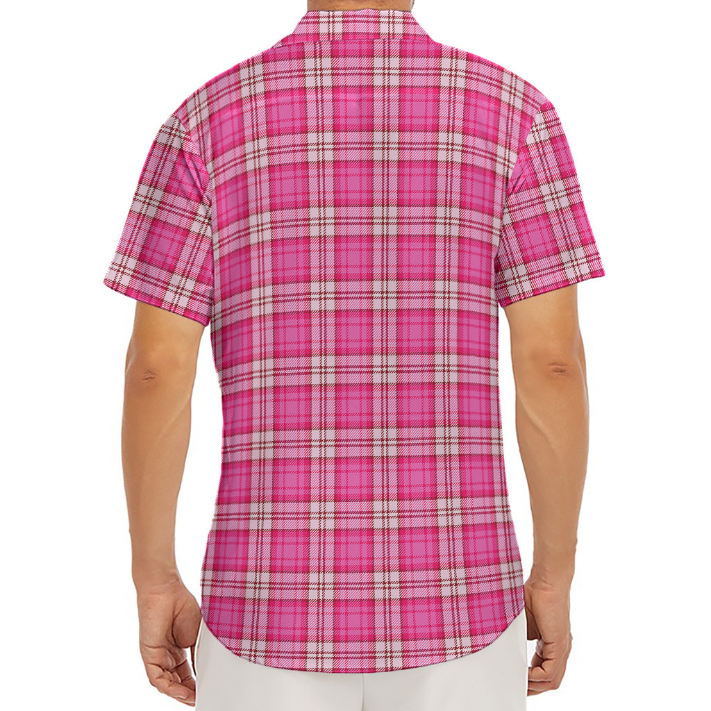 Pink And White Tartan Pattern Print Men's Deep V-Neck Shirt