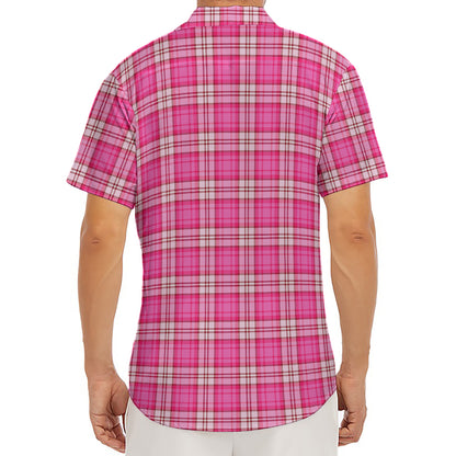 Pink And White Tartan Pattern Print Men's Deep V-Neck Shirt