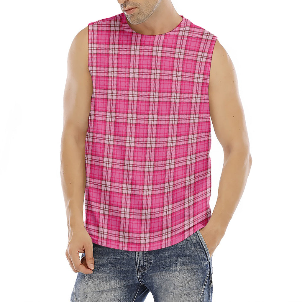 Pink And White Tartan Pattern Print Men's Fitness Tank Top