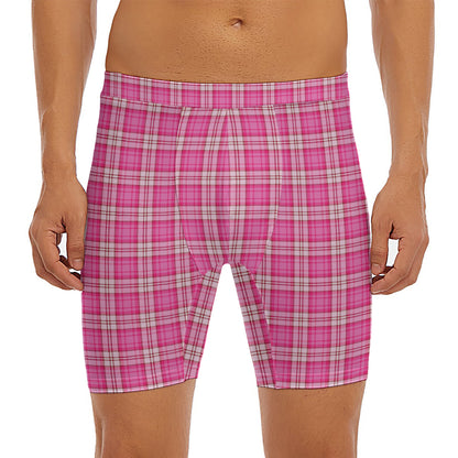 Pink And White Tartan Pattern Print Men's Long Boxer Briefs