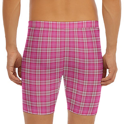 Pink And White Tartan Pattern Print Men's Long Boxer Briefs